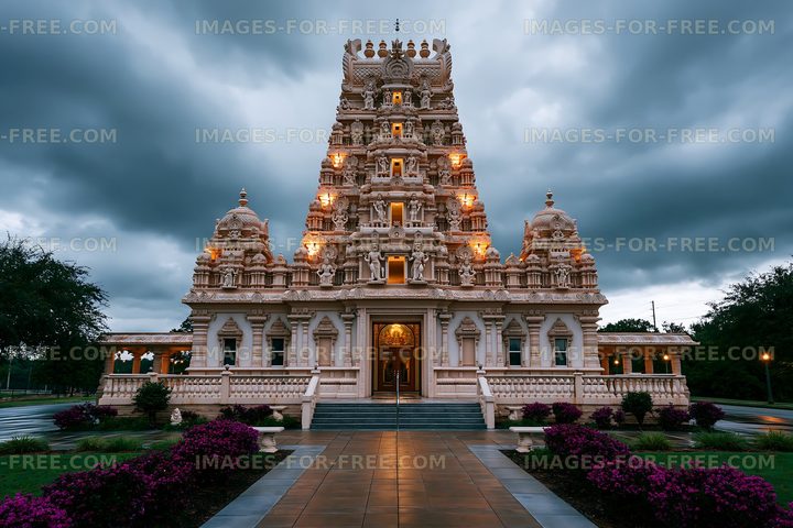 Hindu temple with ornate architecture under cloudy sky