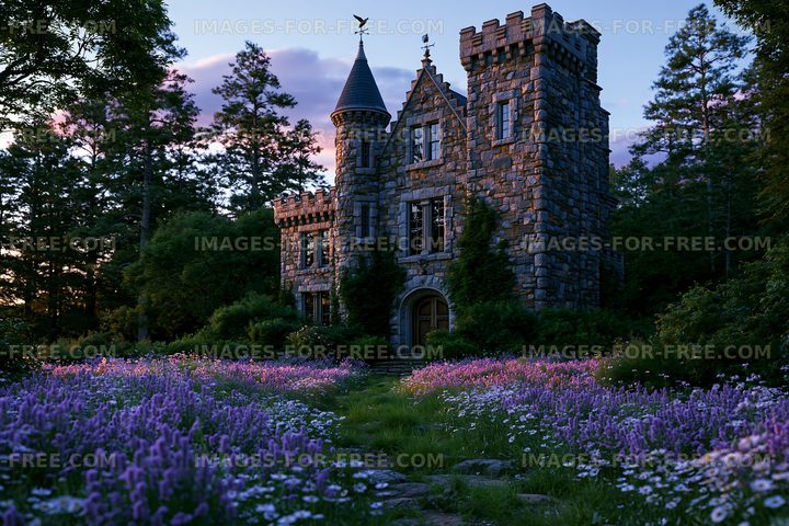 Castle surrounded by flowers at sunset near a forest