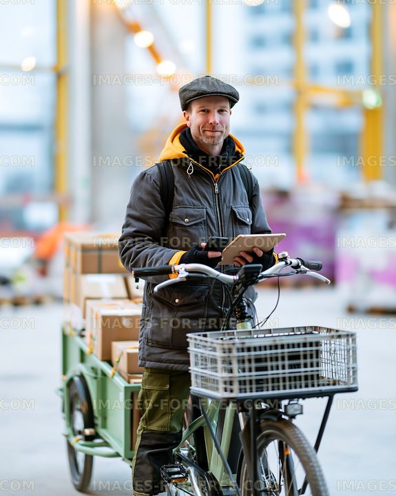 Delivery man with boxes on bicycle in warehouse