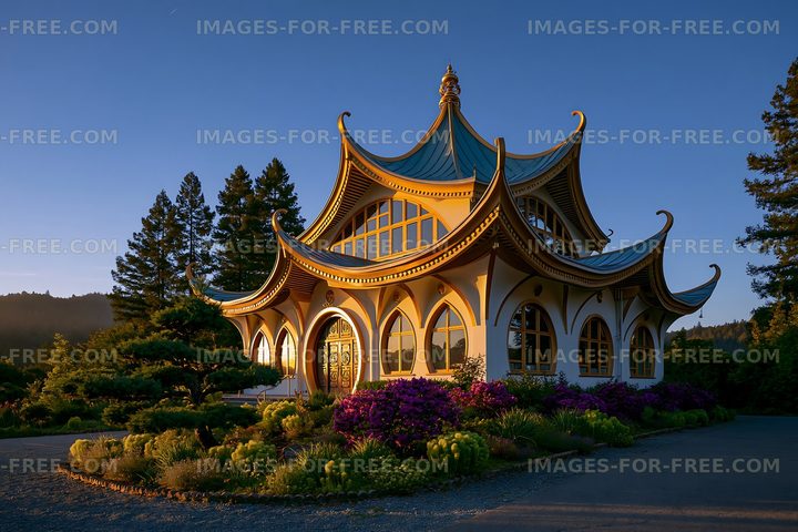 Building with unique architecture surrounded by trees and flowers