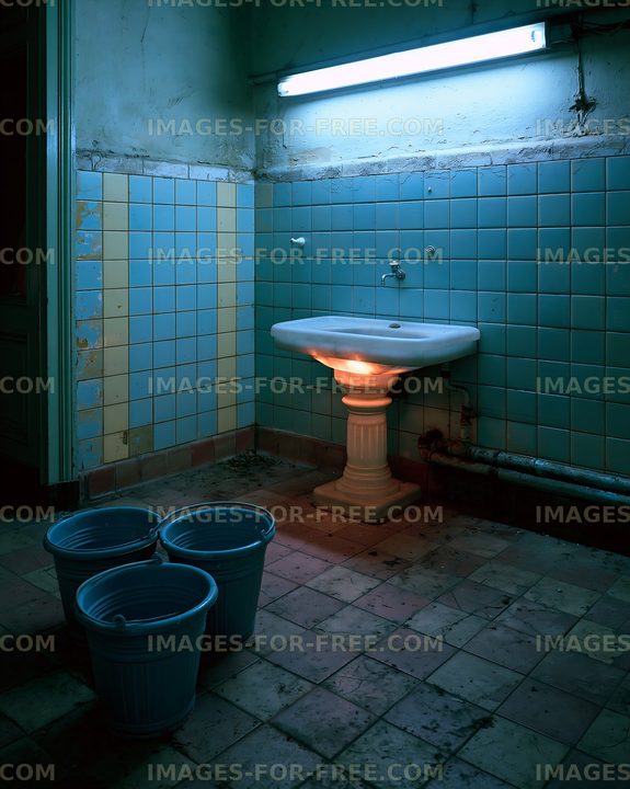 Bathroom with a sink and buckets in a neglected space