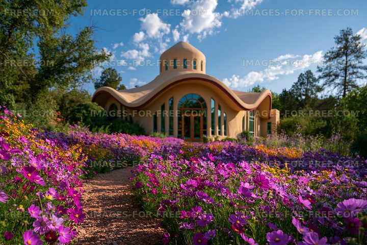 Colorful flowers surround a unique house on a sunny day