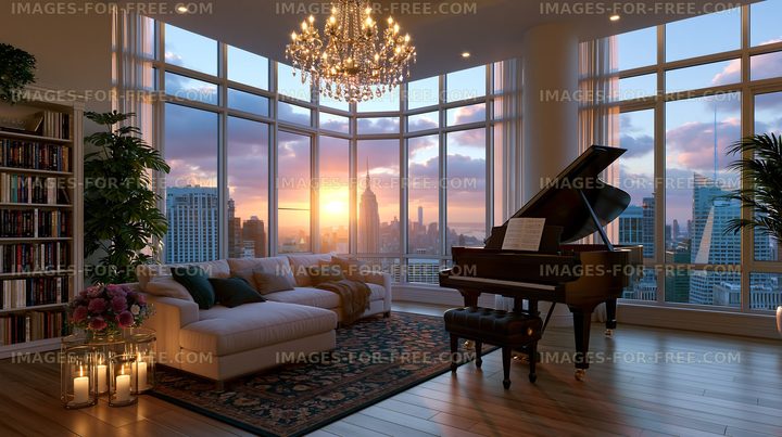 Piano in a city apartment with sunset view from large windows