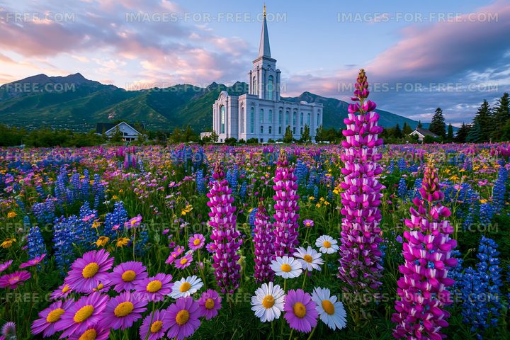 Colorful flowers surround a large church under a blue sky
