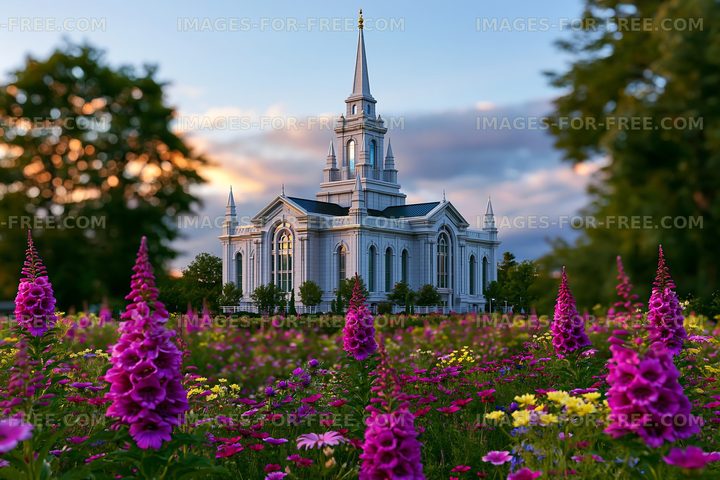 Flower garden in front of a church building at sunset