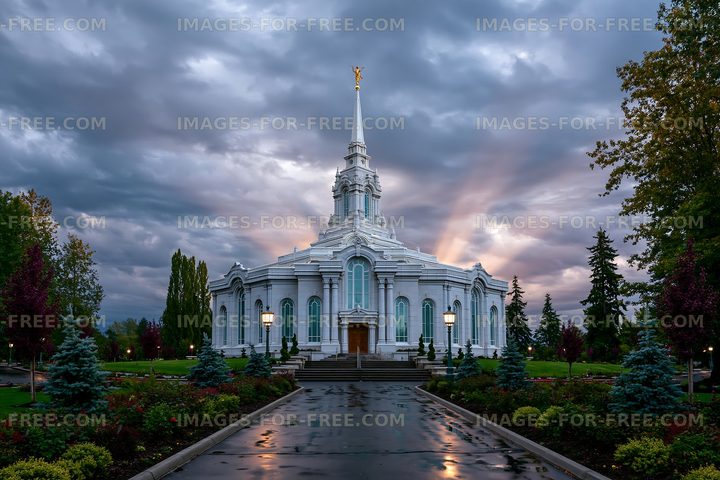 Building stands under cloudy sky with light shining through