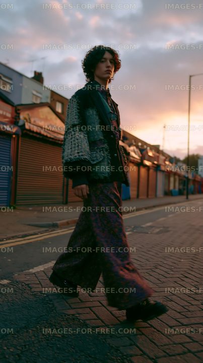 Person walking on a city street at sunset with closed shops nearby