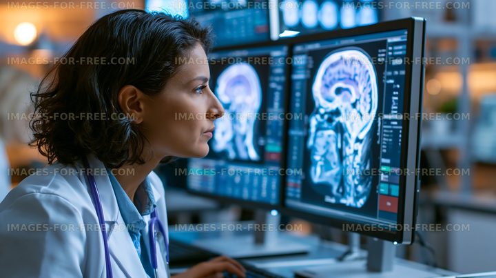 Medical professional analyzing brain scans on computer screens