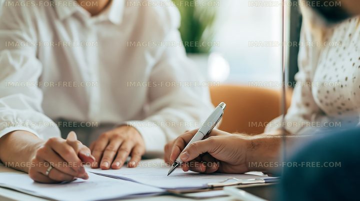 Meeting at a table with documents and notepad in a bright office