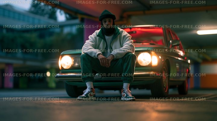 Man sitting in front of a vintage car in an underground parking garage