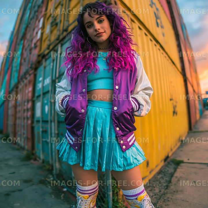 Pink-haired woman in colorful outfit poses by containers