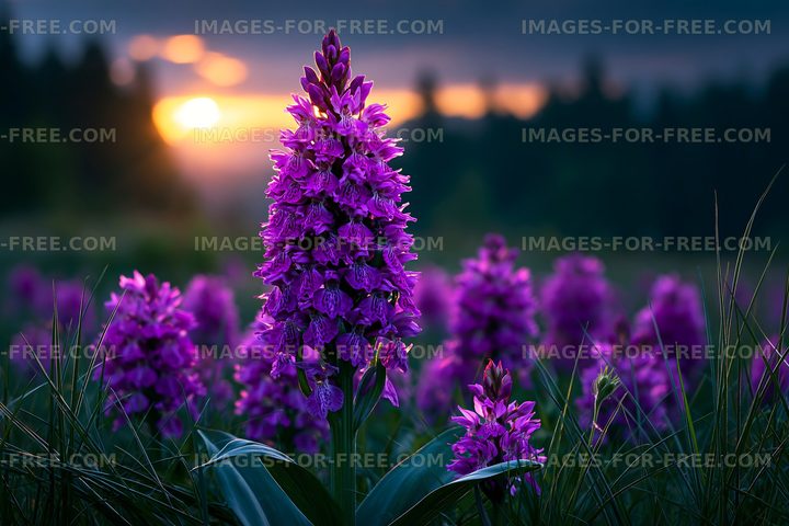Purple flowers blooming at sunset in a natural field
