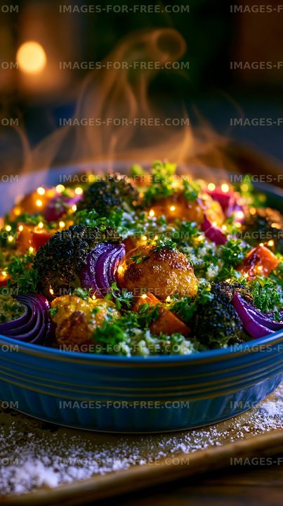 Warm vegetable dish in a blue bowl with glowing lights