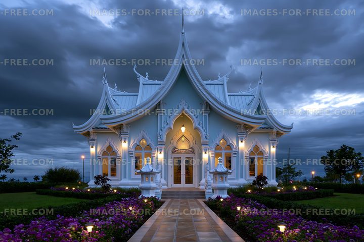 Beautiful temple building at dusk with lit pathway and flowers