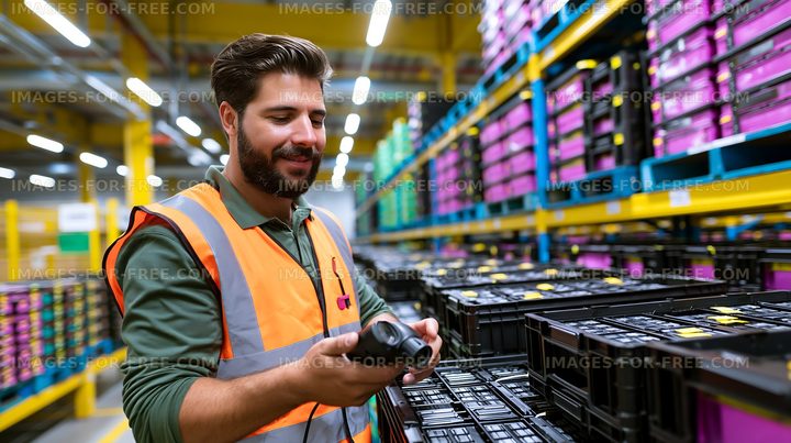 Worker checking inventory in a warehouse with colorful storage bins