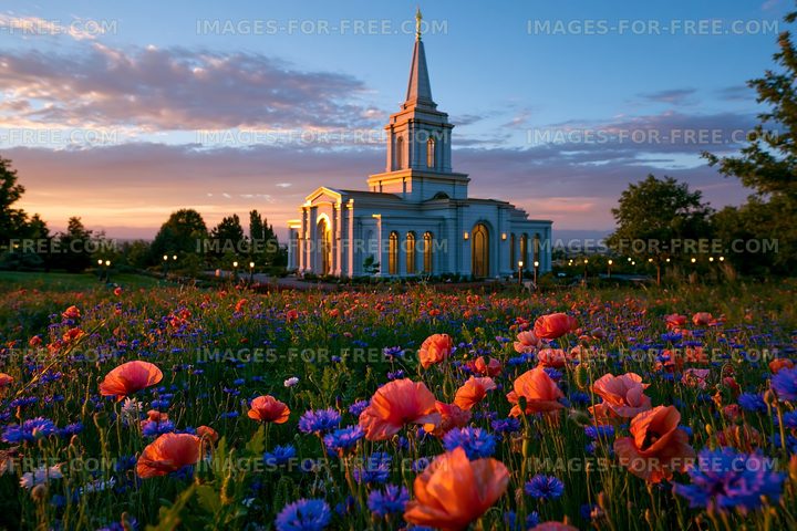 Flowers around a church at sunset in a quiet park setting
