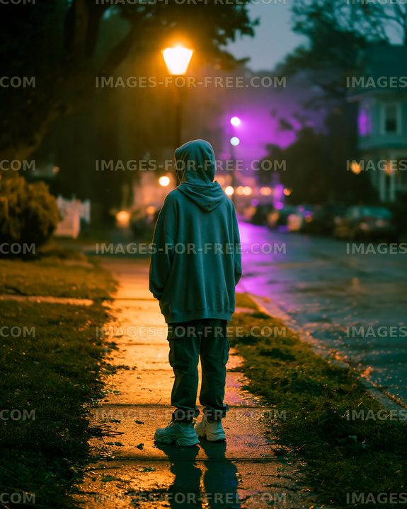 Walking along a wet street at night under streetlights