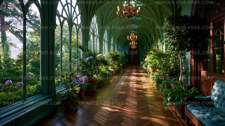 Green hallway with plants and chandeliers in a glass building