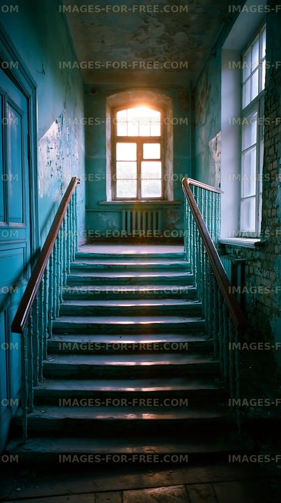 Old staircase with blue walls and natural light entering