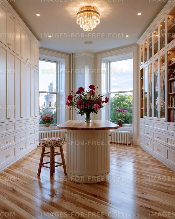 Cozy room with a round table and flower centerpiece by the window