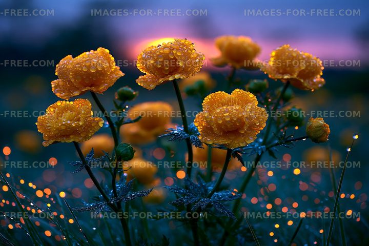 Flowers with water droplets in a garden at sunset
