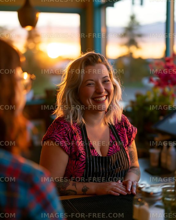 Woman smiling at a counter in a cafe during sunset