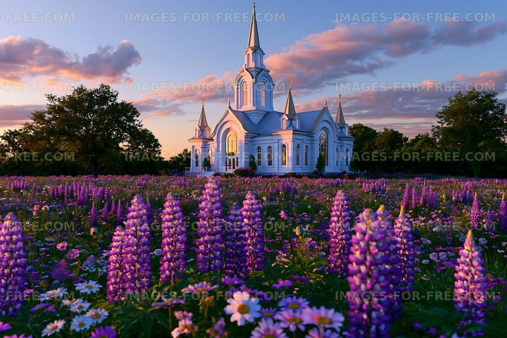 Church surrounded by flowers under a colorful sky during sunset