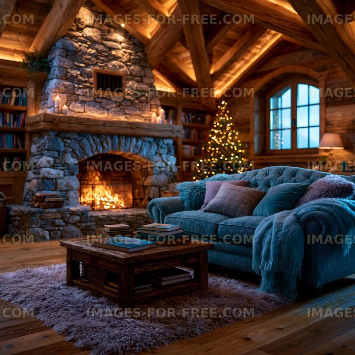 Cozy living room with fireplace and Christmas tree in cabin