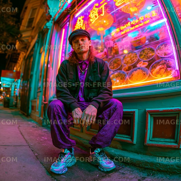Man sitting outside a restaurant with colorful neon signs at night