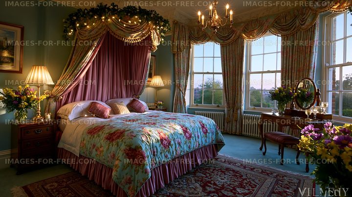 Cozy bedroom with floral decor and large window view