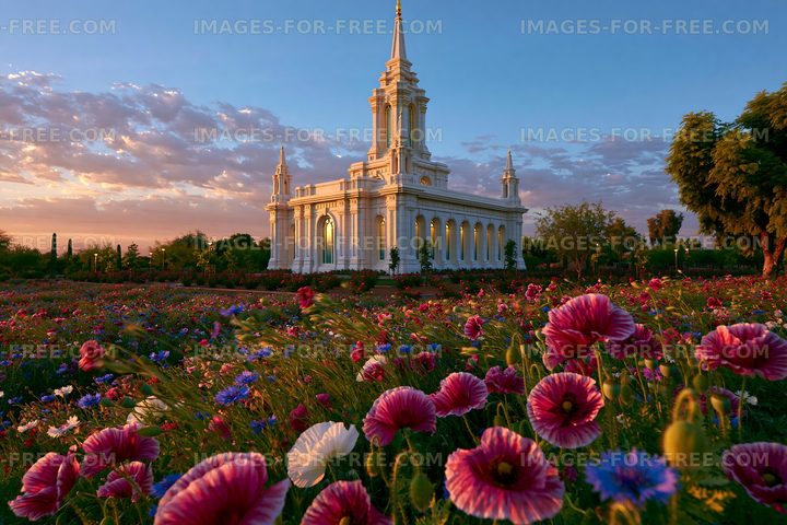 Sunset over a temple surrounded by colorful flowers