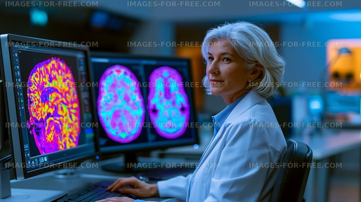 Female scientist analyzes brain scans in a research laboratory
