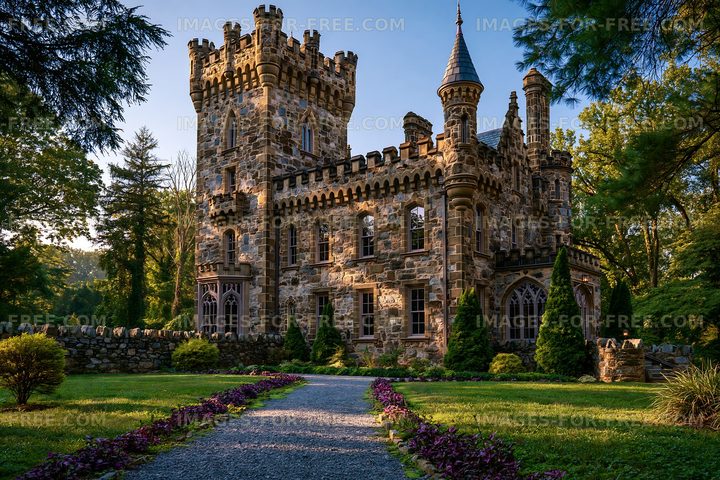 A stone castle stands tall with towers and intricate structures
