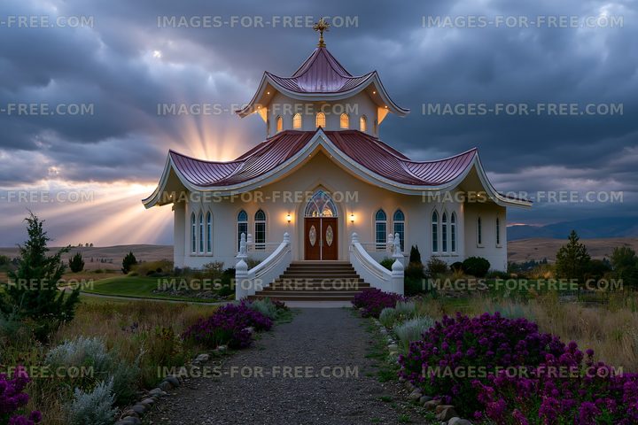 Beautiful church building with unique architecture at sunset