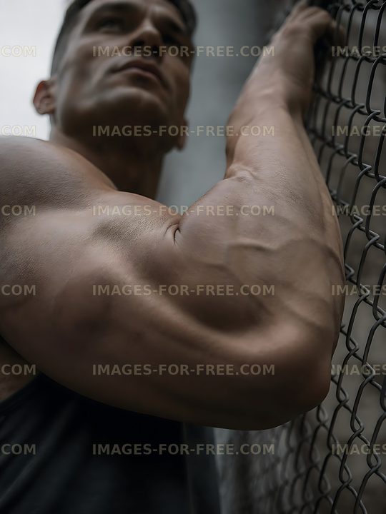 Muscular man resting against a chain link fence