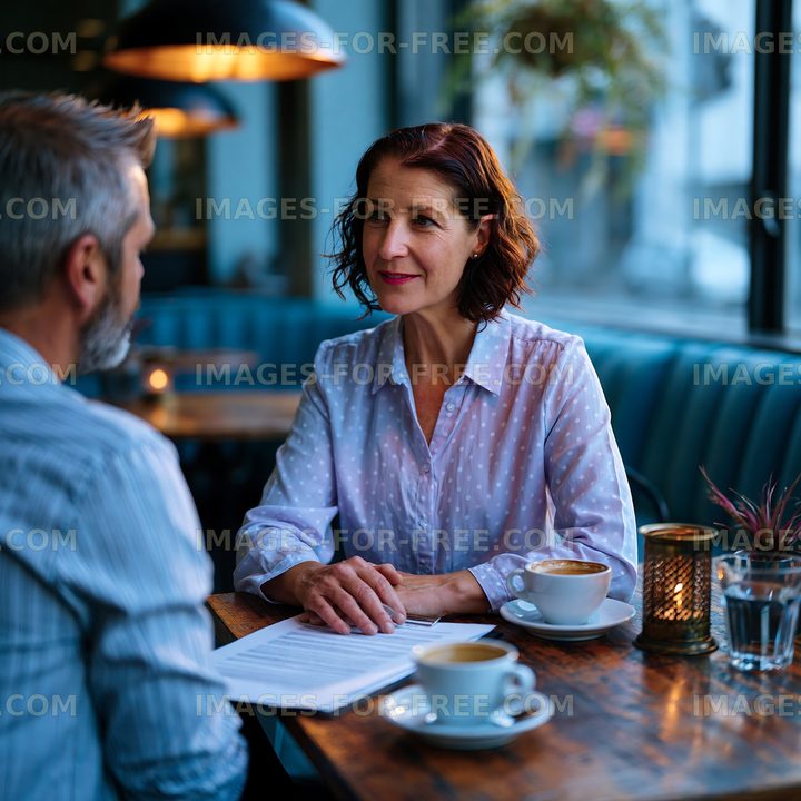 Business meeting in a coffee shop with two people talking