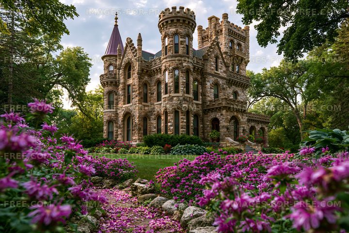 Historic castle surrounded by flowers in a garden