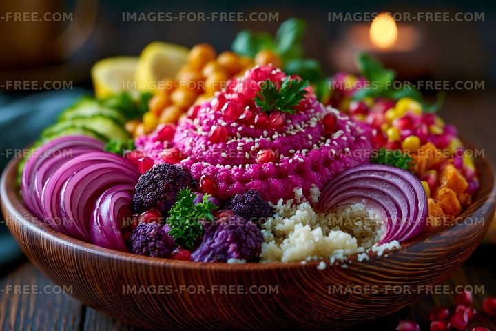 Colorful bowl of food with various ingredients and garnishes