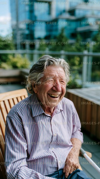 Older man smiles while sitting on a bench in outdoor setting