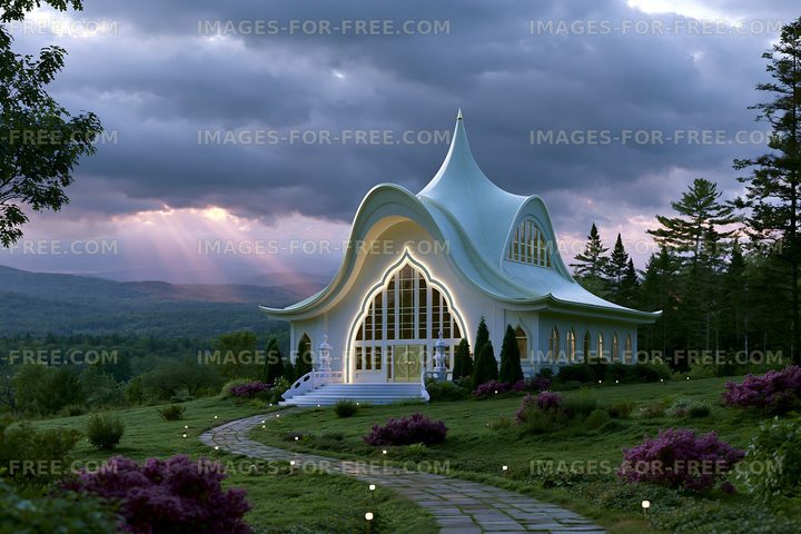 Modern white chapel surrounded by trees and flowers