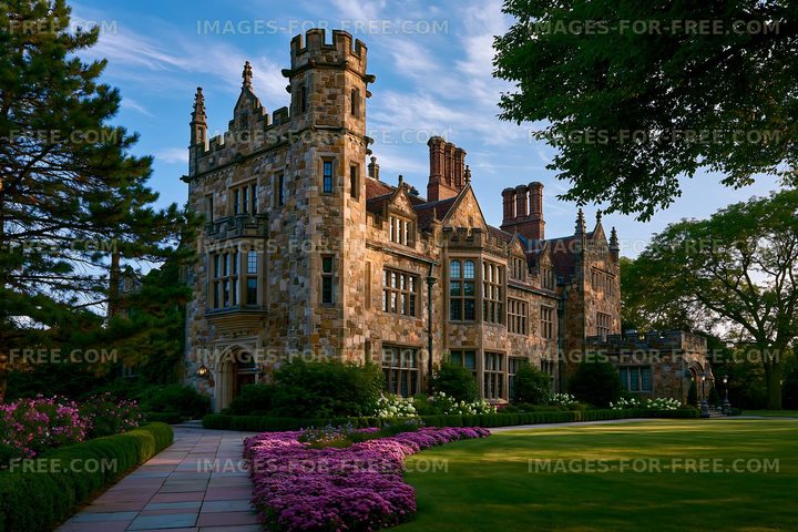 Historic stone mansion with lush garden in bright sunlight