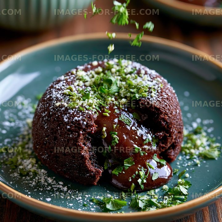 Chocolate dessert served with herbs on a green plate
