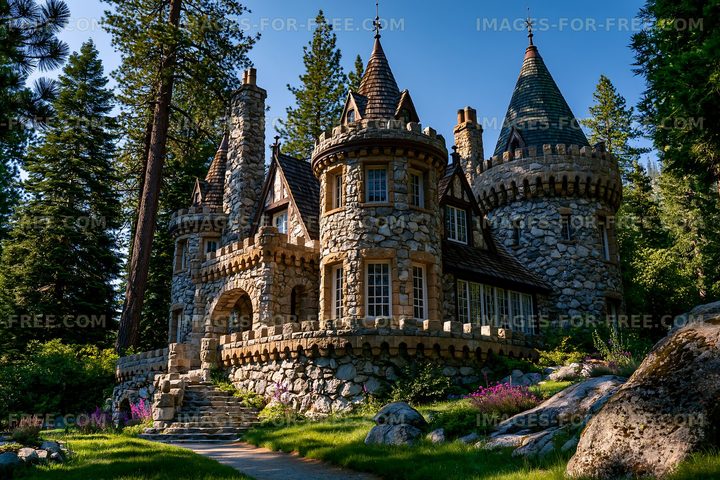 Stone castle with towers surrounded by trees located in a forest