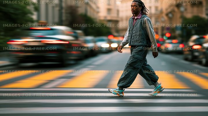 Man walks across a busy street in a city during the day
