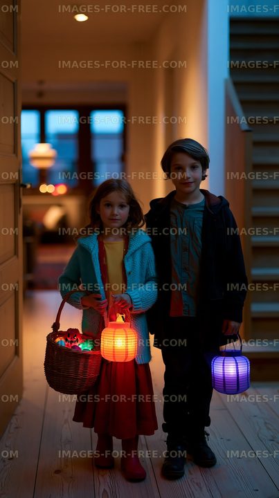 Children holding lanterns in a hallway during evening hours