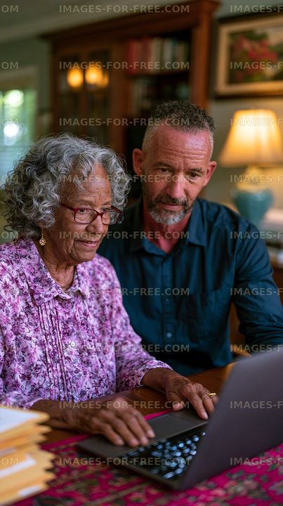 Man and woman working on a laptop at home in the living room
