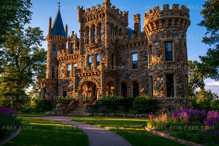 Stone castle with towers and garden during daytime