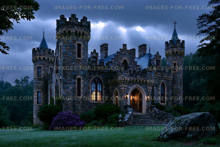 Stone castle under a dark sky with light shining from windows