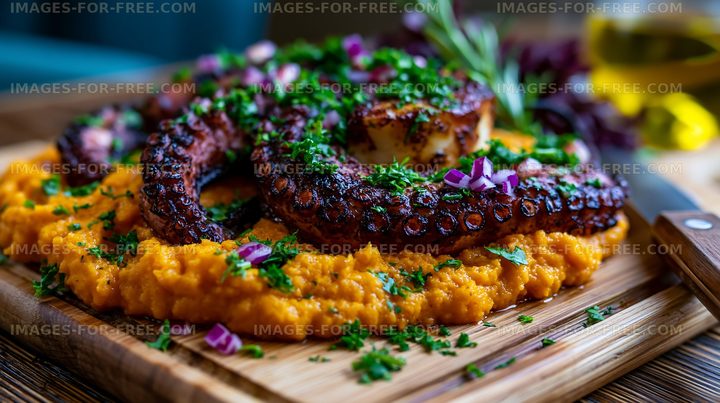 Grilled octopus served on a bed of mashed sweet potatoes