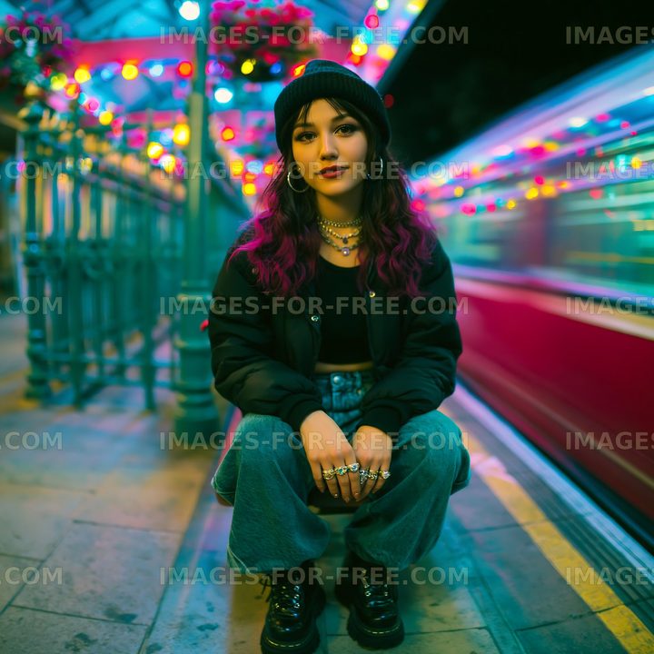 Woman sitting on street at night with lights in background